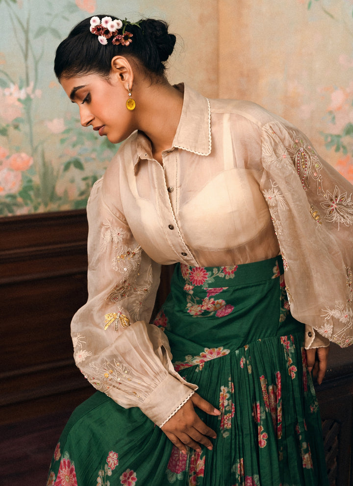 Ivory And Green Cotton Silk Skirt Set