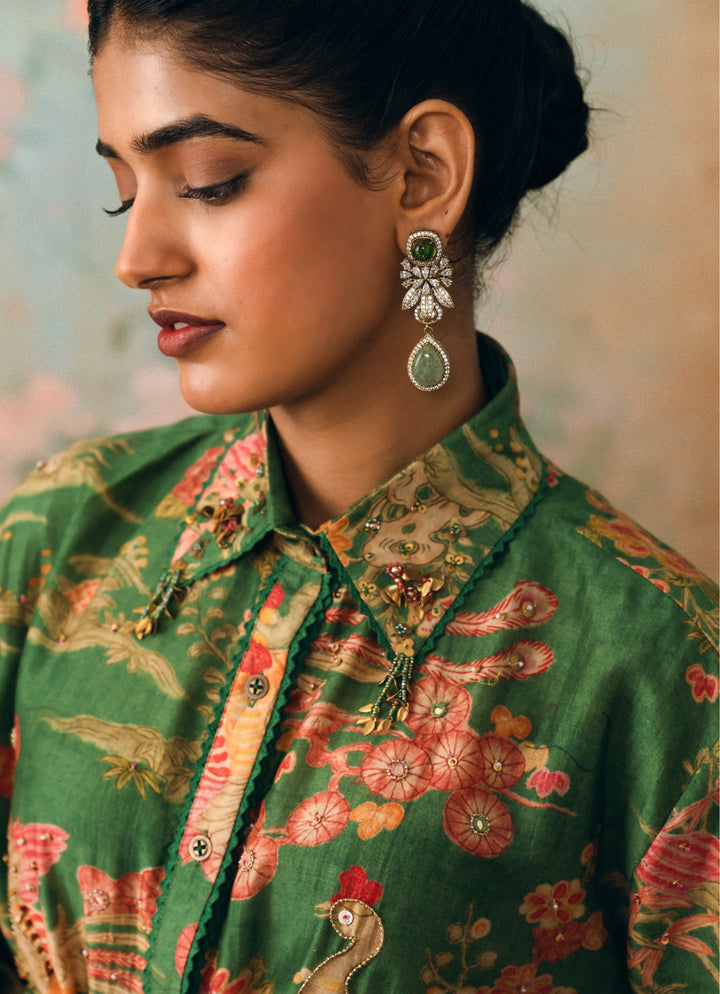 Green Printed Silk Skirt Set