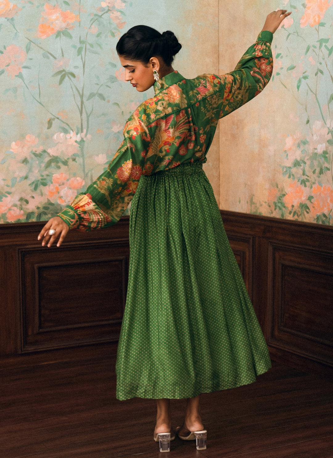 Green Printed Silk Skirt Set