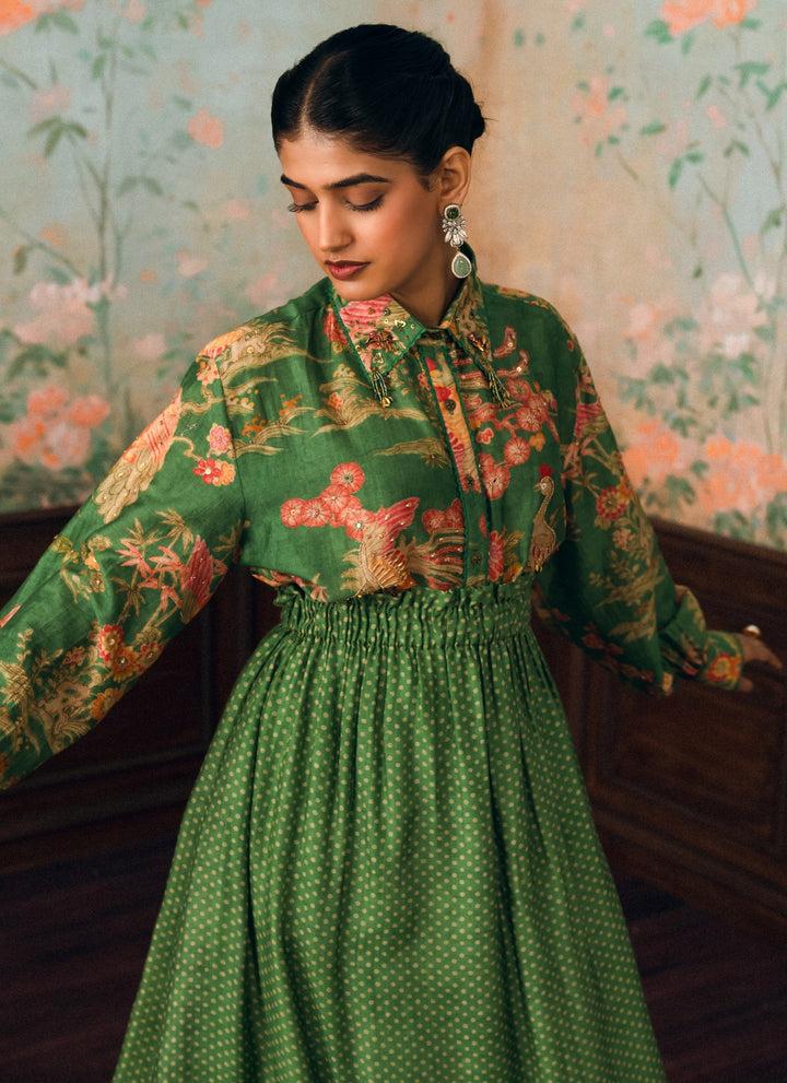 Green Printed Silk Skirt Set