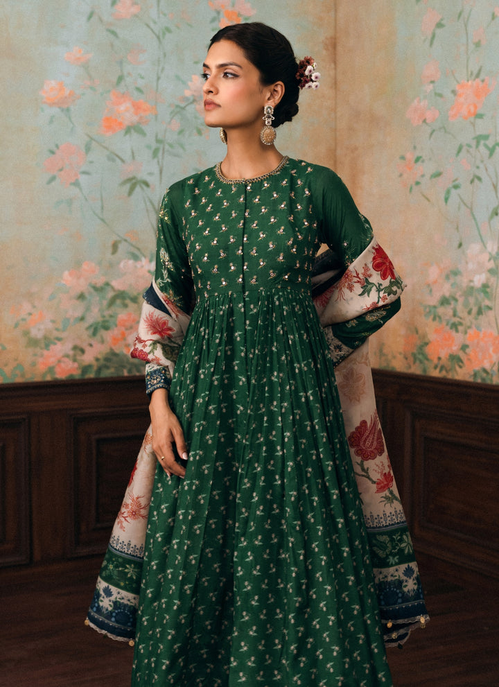 Emerald Green Cotton Silk Anarkali Set