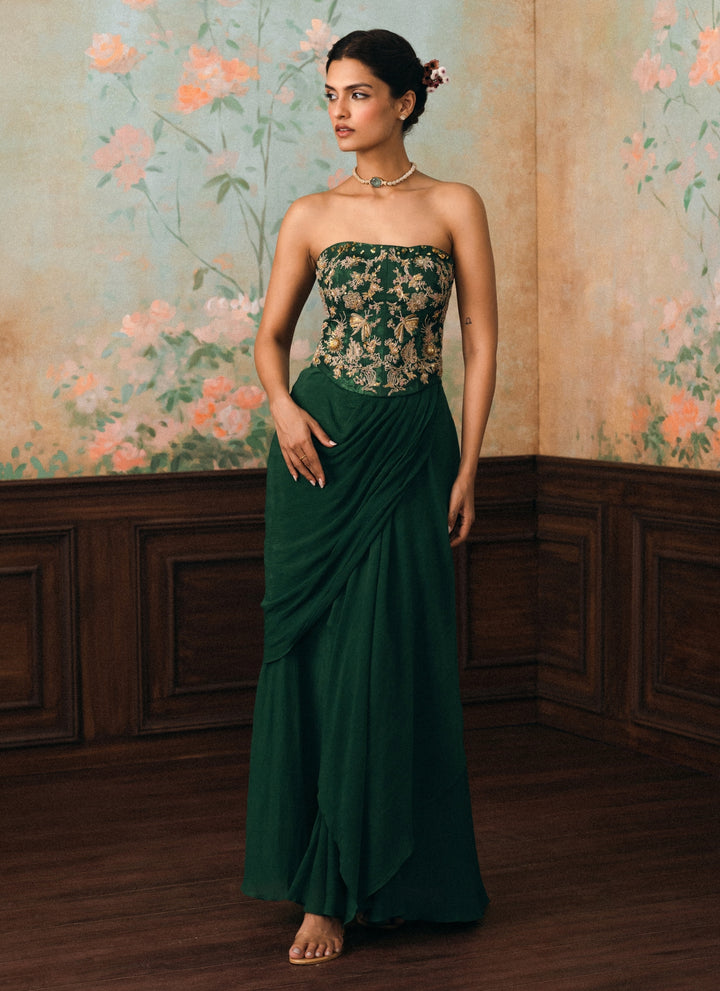 Emerald Green Drape Skirt Set With Corset