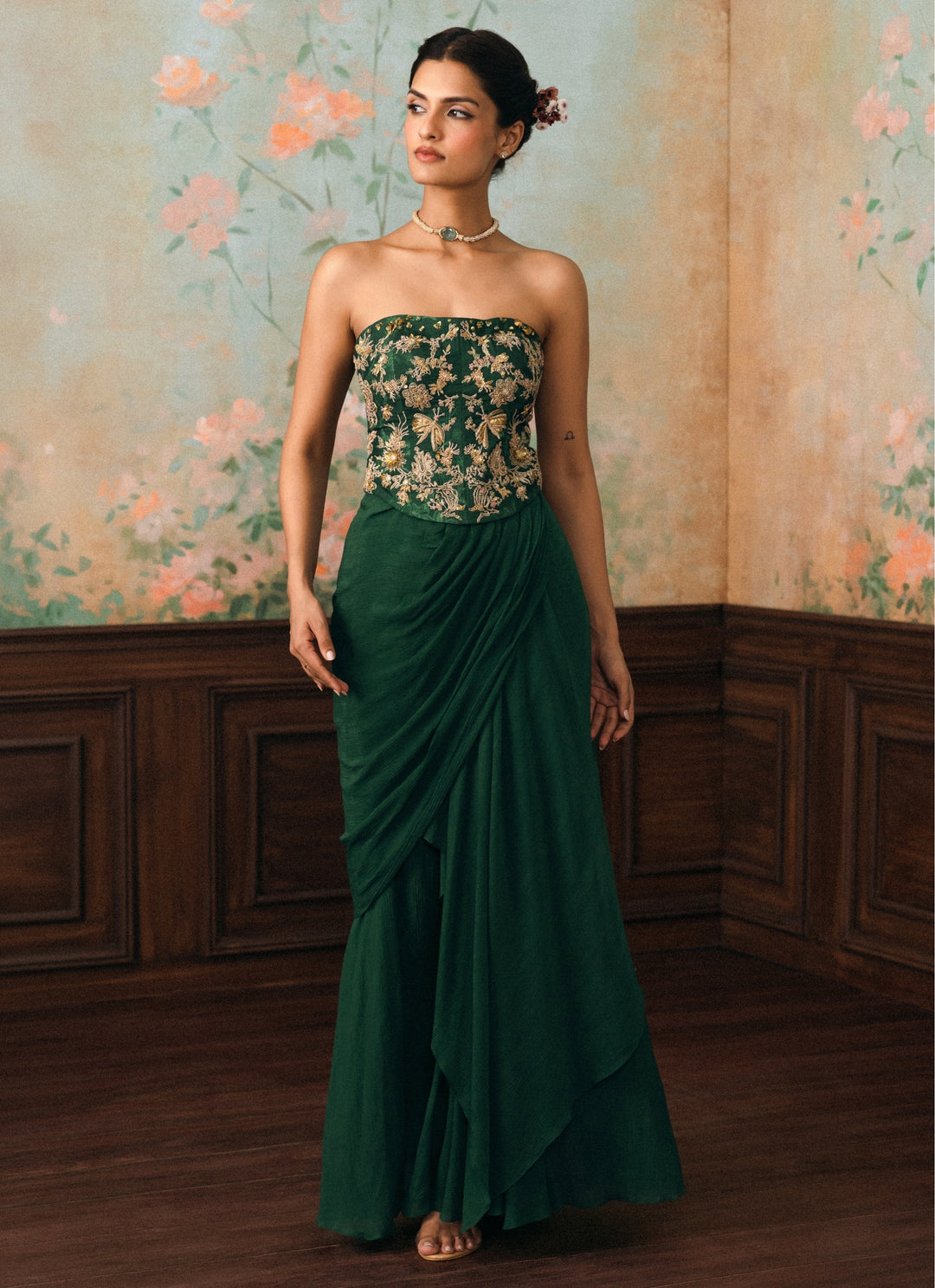 Emerald Green Drape Skirt Set With Corset