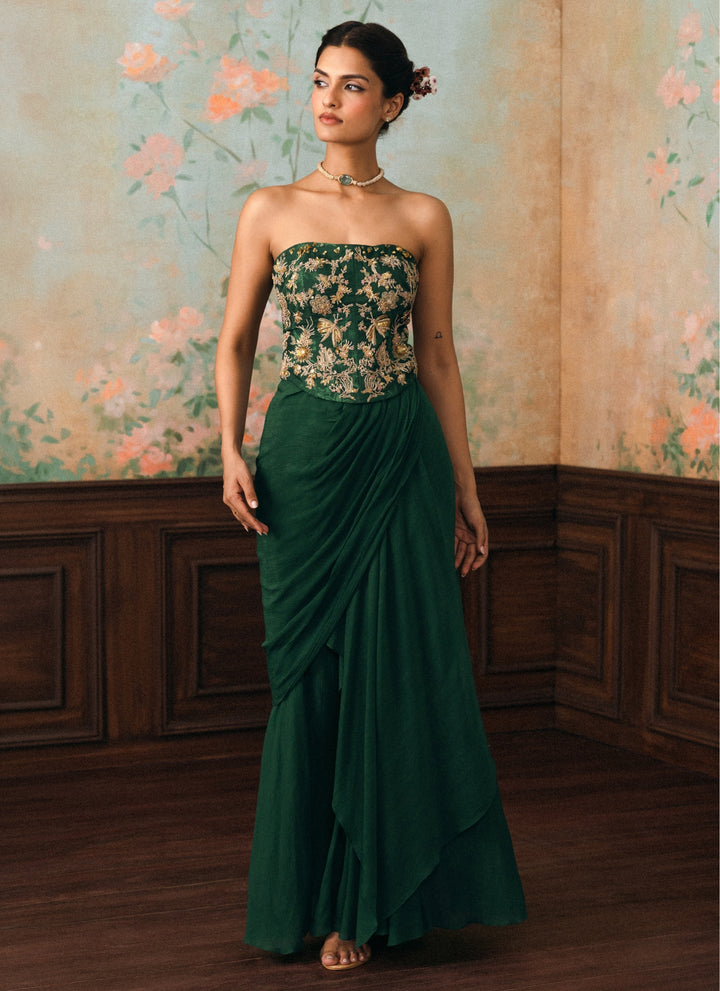 Emerald Green Drape Skirt Set With Corset