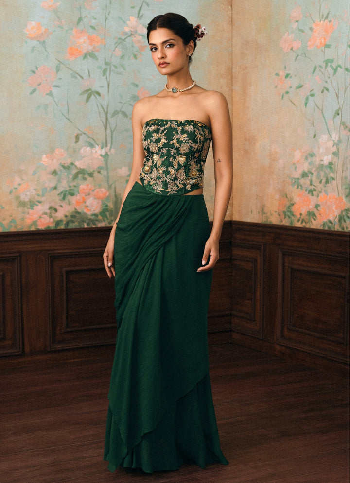 Emerald Green Drape Skirt Set With Corset