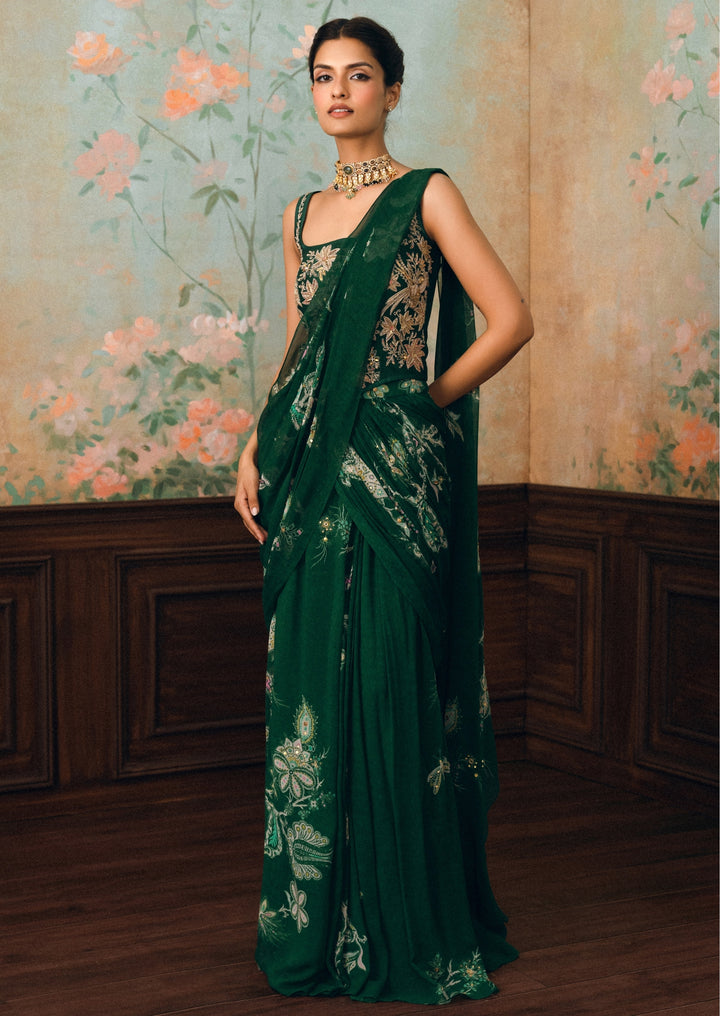 Emerald Green Georgette Pre-Draped Saree With Corset
