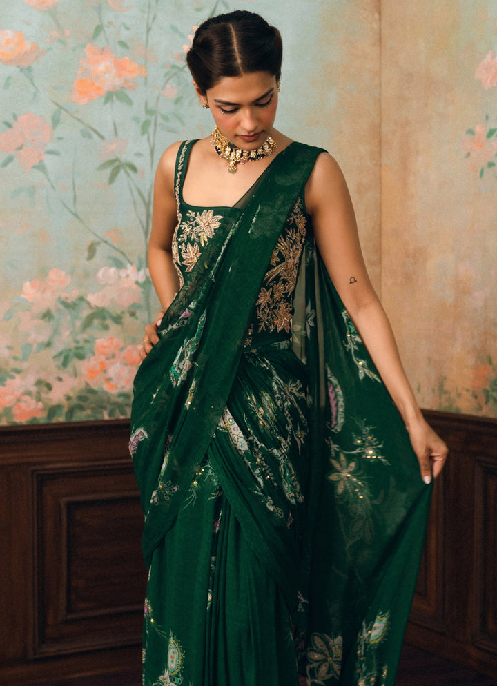 Emerald Green Georgette Pre-Draped Saree With Corset