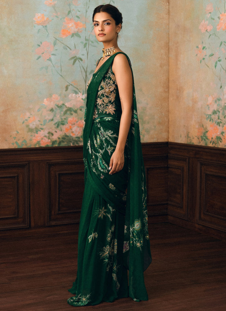 Emerald Green Georgette Pre-Draped Saree With Corset