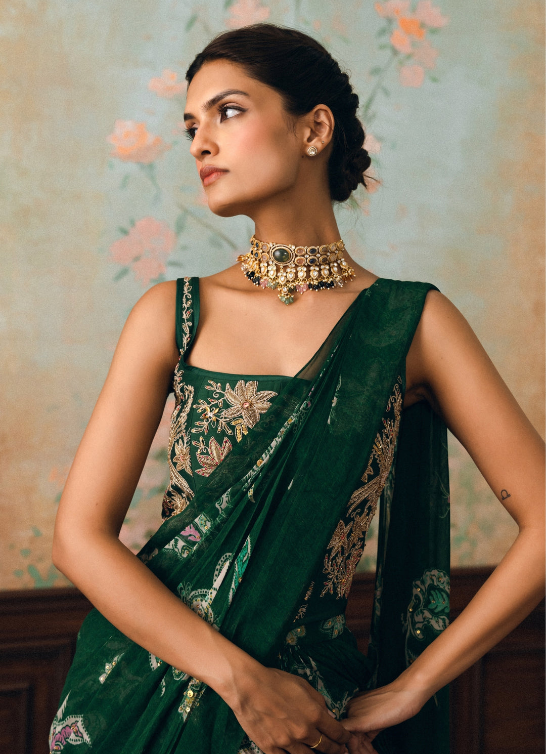 Emerald Green Georgette Pre-Draped Saree With Corset