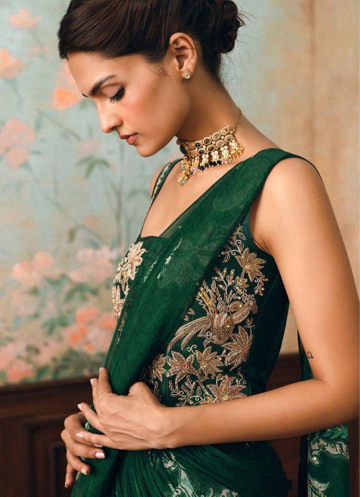 Emerald Green Georgette Pre-Draped Saree With Corset
