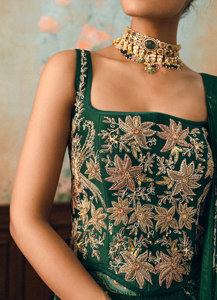 Emerald Green Georgette Pre-Draped Saree With Corset