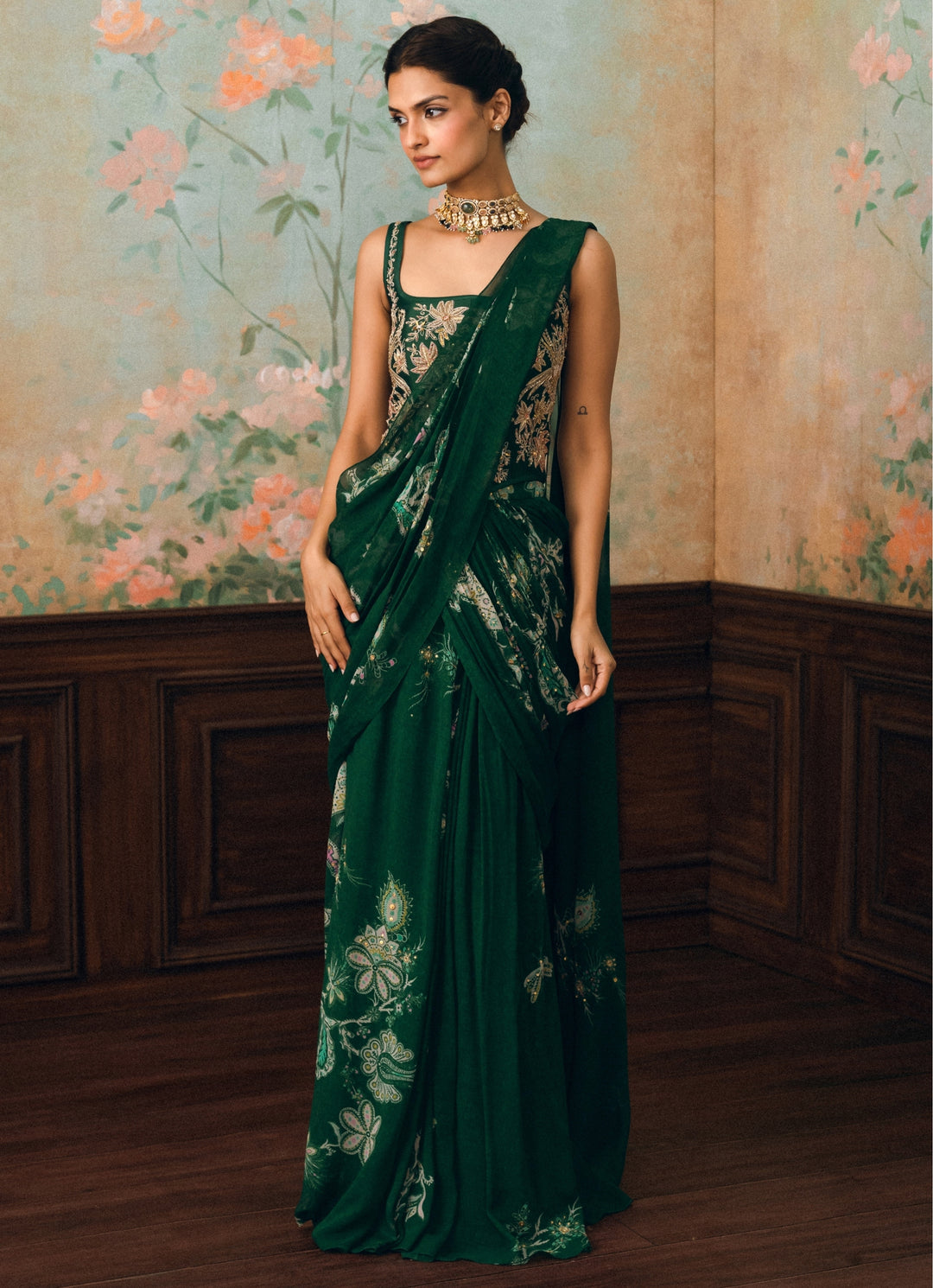 Emerald Green Georgette Pre-Draped Saree With Corset