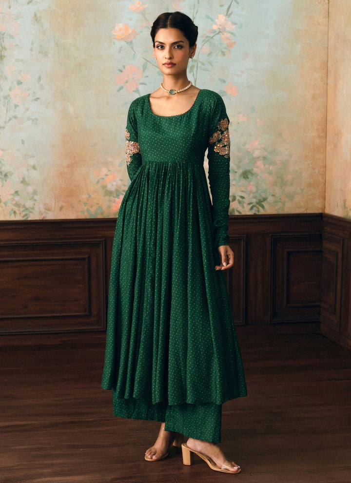 Emerald Green Cotton Silk Anarkali Pants Set