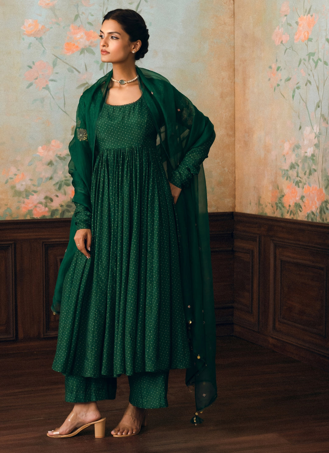 Emerald Green Cotton Silk Anarkali Pants Set