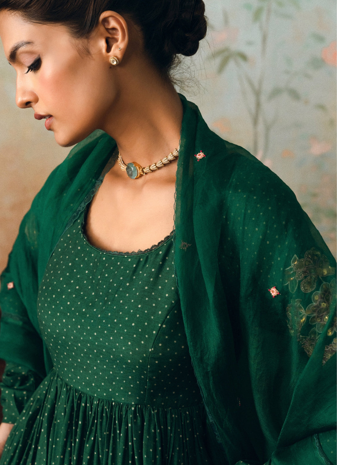 Emerald Green Cotton Silk Anarkali Pants Set
