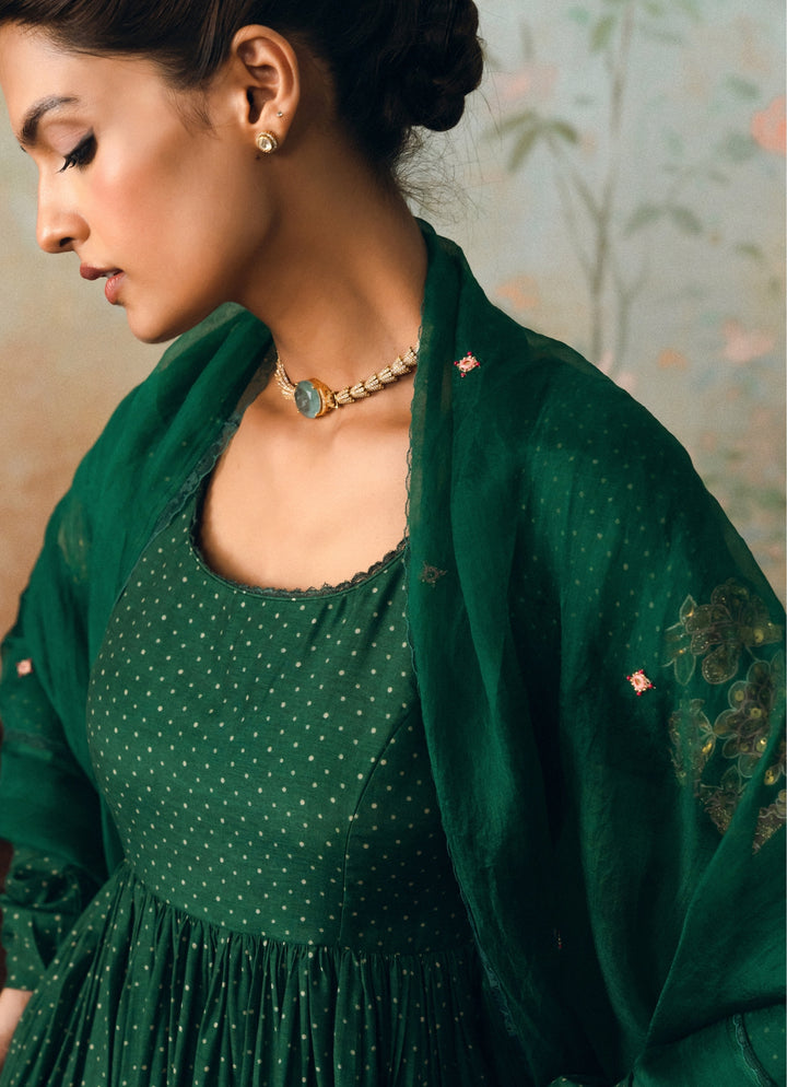 Emerald Green Cotton Silk Anarkali Pants Set