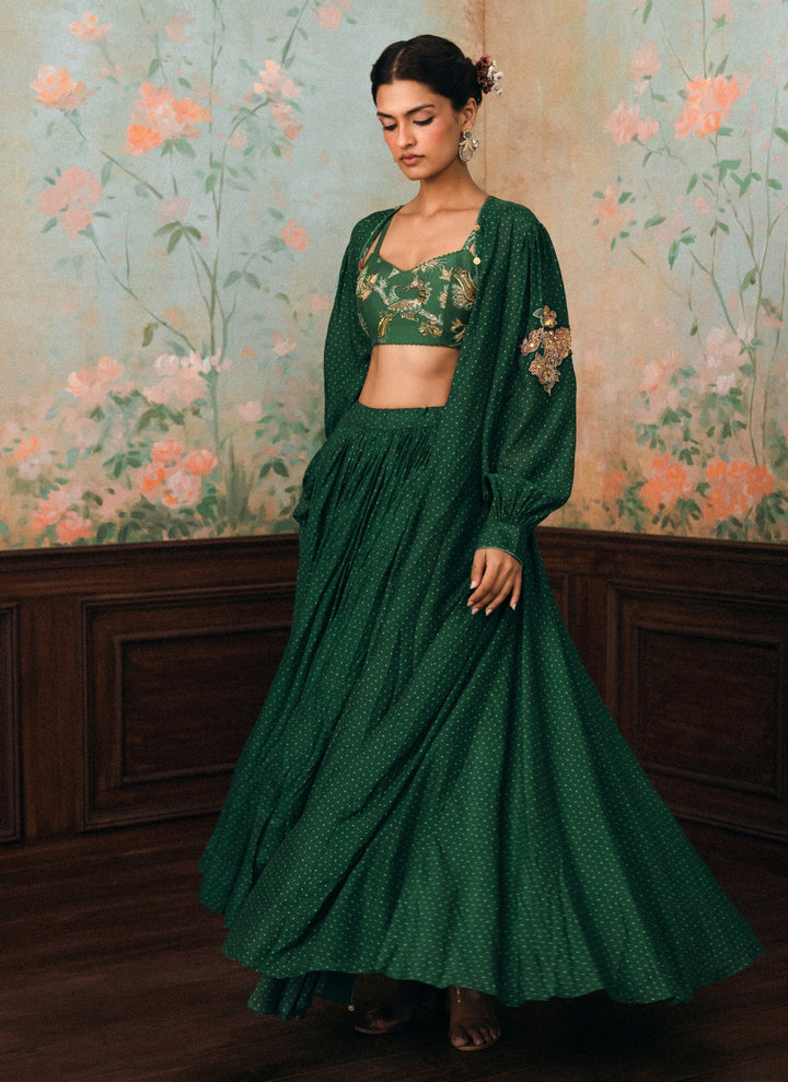 Emerald Green Printed Cotton Silk Lehenga Set With Cape