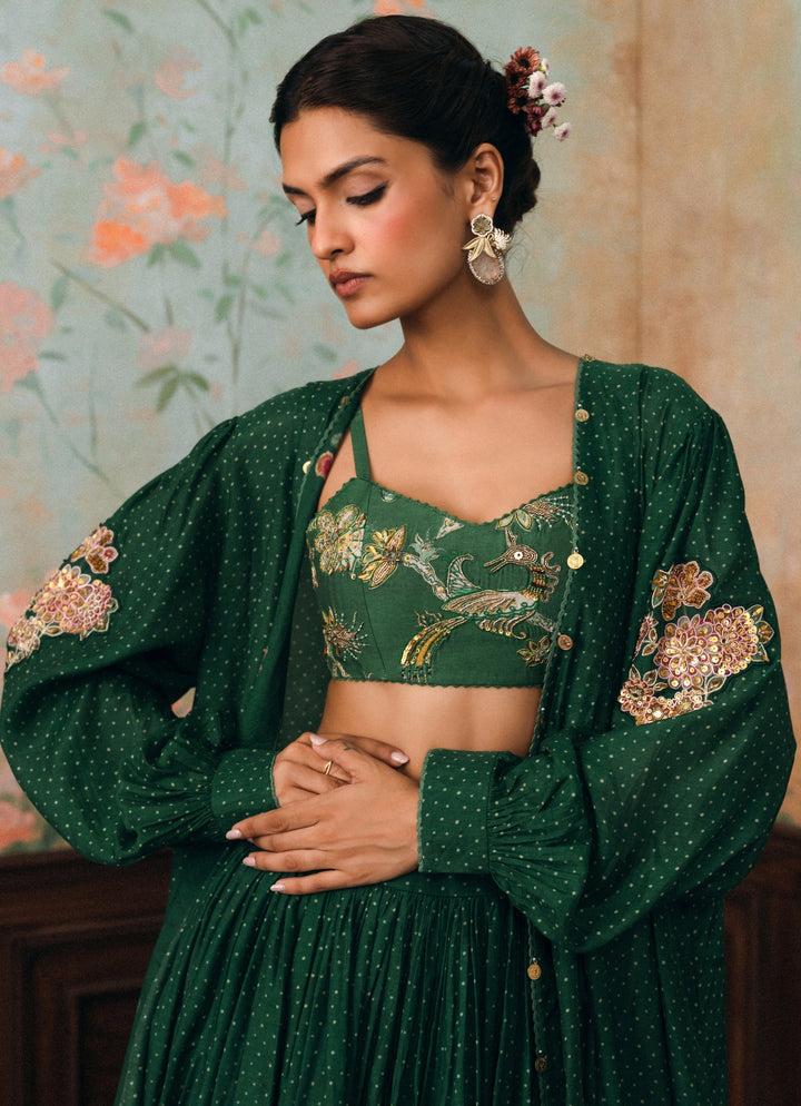 Emerald Green Printed Cotton Silk Lehenga Set With Cape