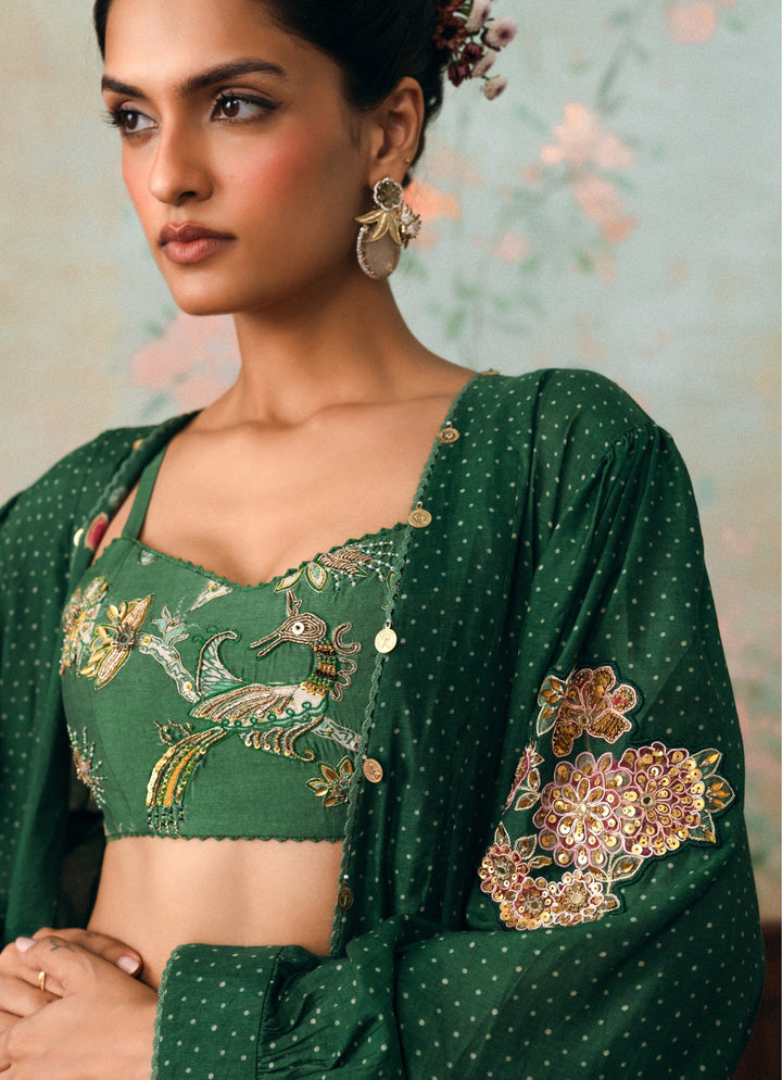 Emerald Green Printed Cotton Silk Lehenga Set With Cape
