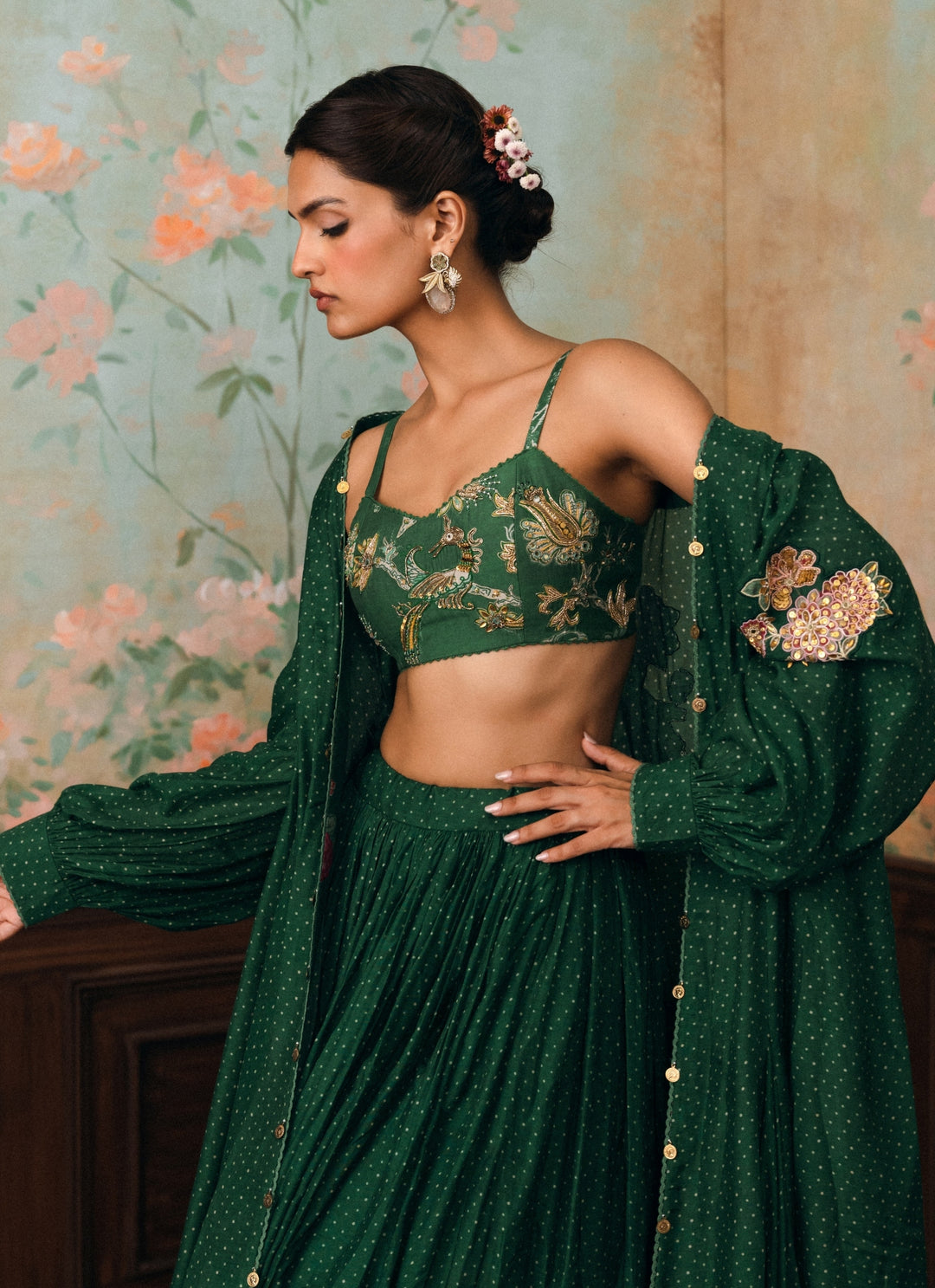 Emerald Green Printed Cotton Silk Lehenga Set With Cape