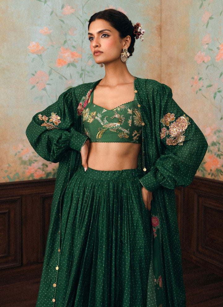 Emerald Green Printed Cotton Silk Lehenga Set With Cape