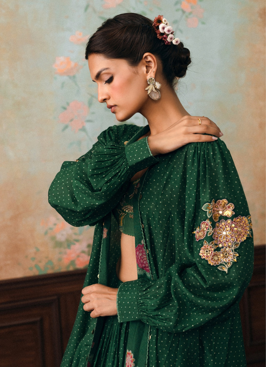 Emerald Green Printed Cotton Silk Lehenga Set With Cape