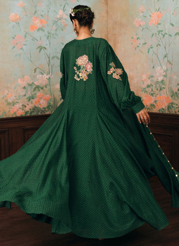 Emerald Green Printed Cotton Silk Lehenga Set With Cape