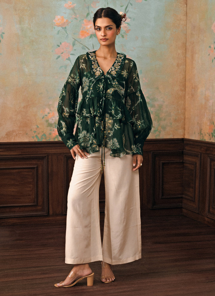 Emerald Green Printed Organza Shirt