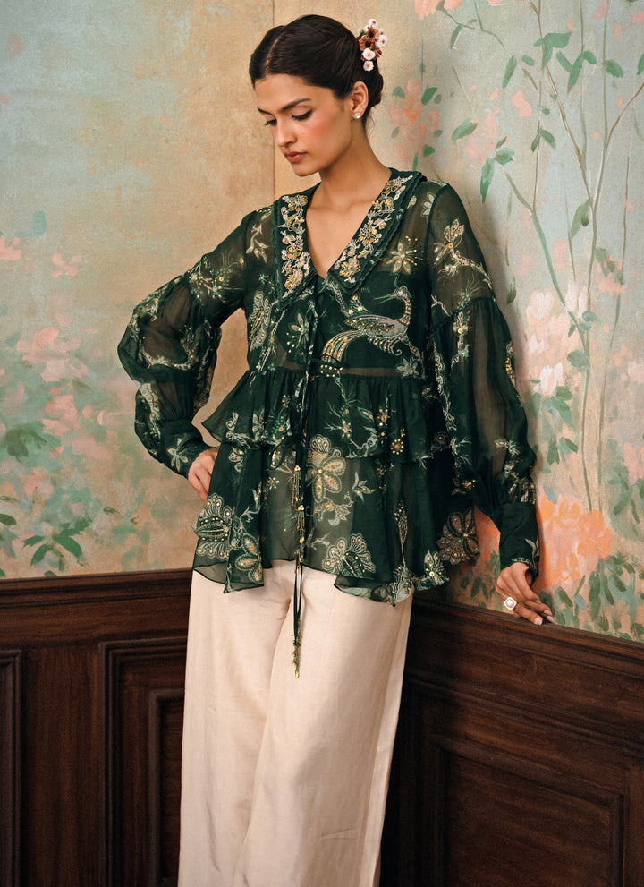 Emerald Green Printed Organza Shirt