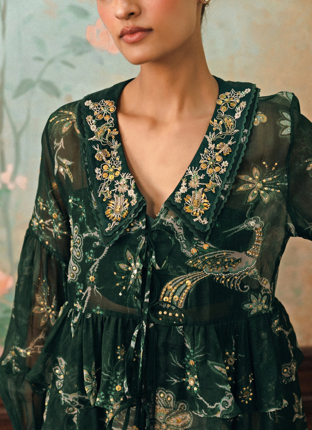 Emerald Green Printed Organza Shirt