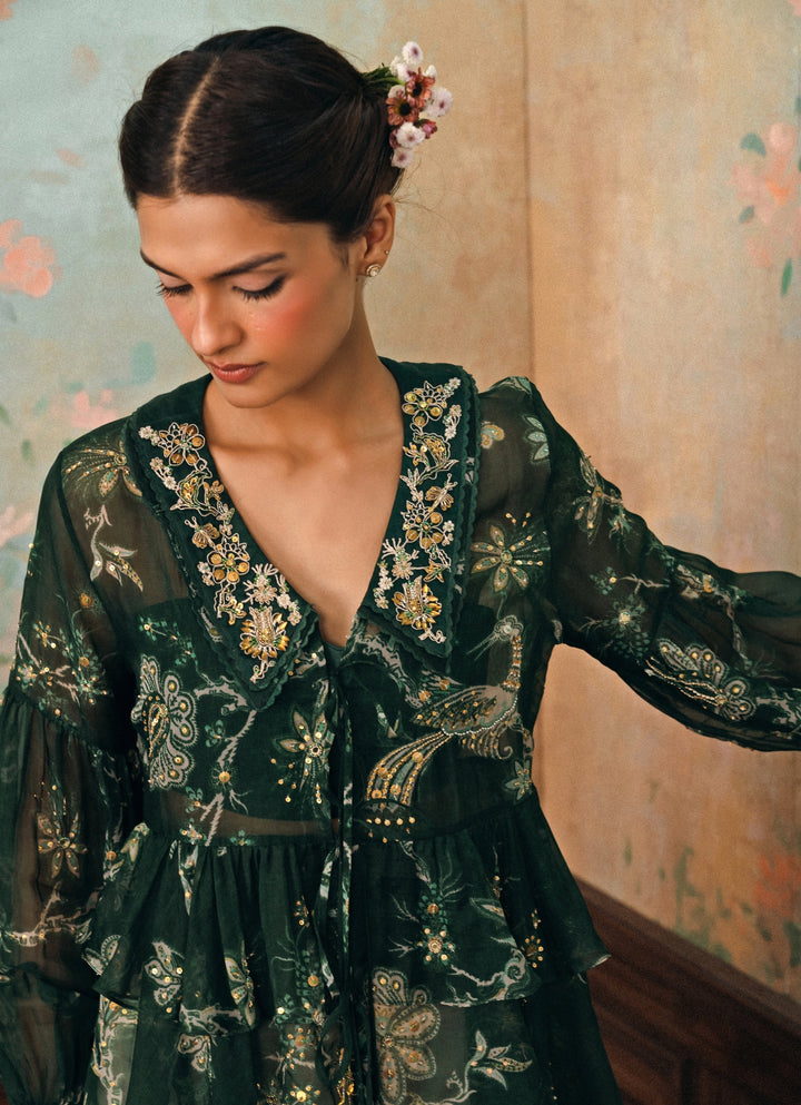 Emerald Green Printed Organza Shirt