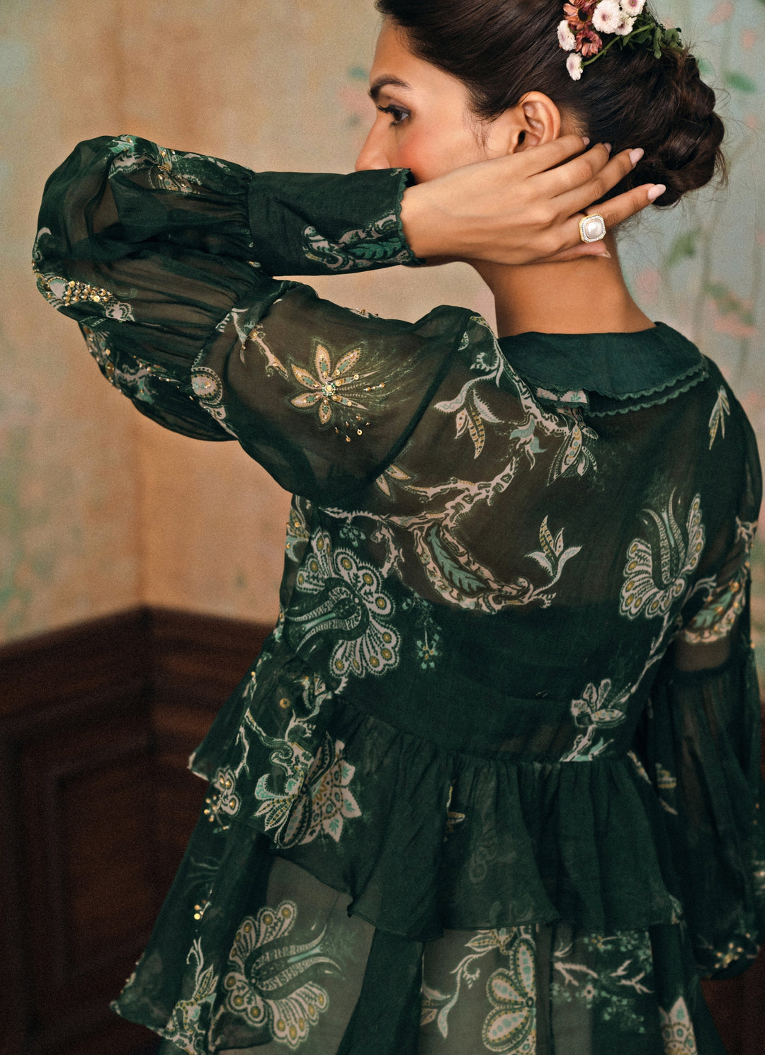 Emerald Green Printed Organza Shirt