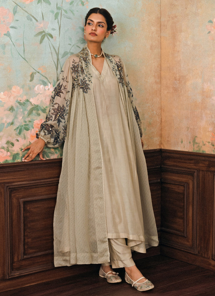 Dusty Beige Cotton Silk Kurta Pants Set With Jacket