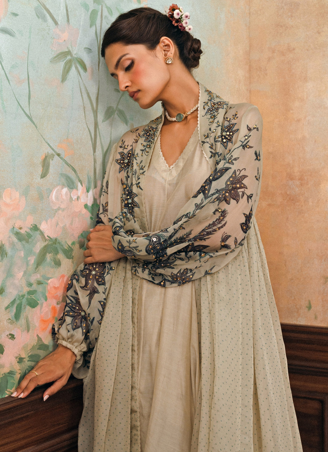 Dusty Beige Cotton Silk Kurta Pants Set With Jacket
