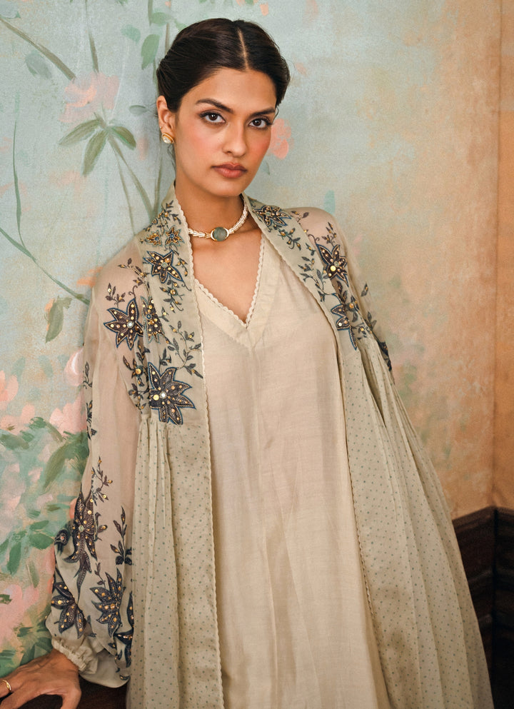 Dusty Beige Cotton Silk Kurta Pants Set With Jacket