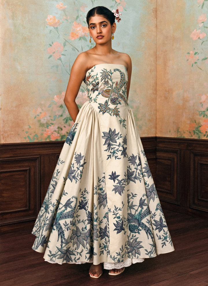 Ivory And Blue Printed Poplin Dress