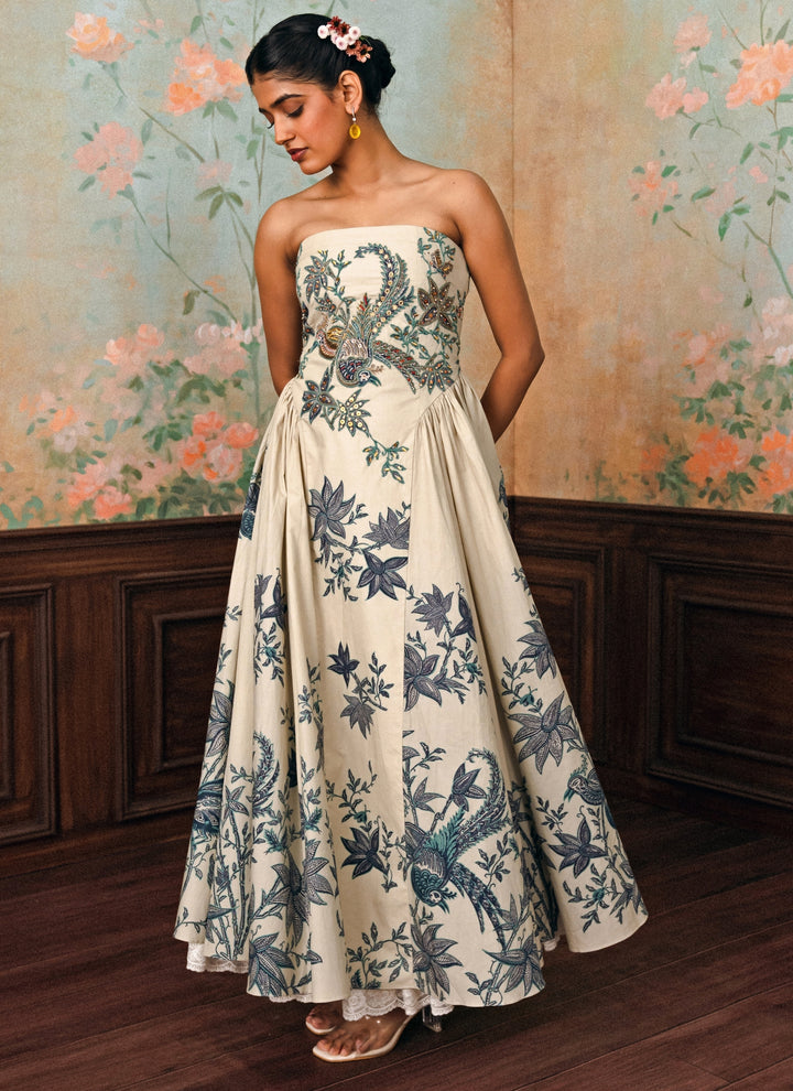 Ivory And Blue Printed Poplin Dress
