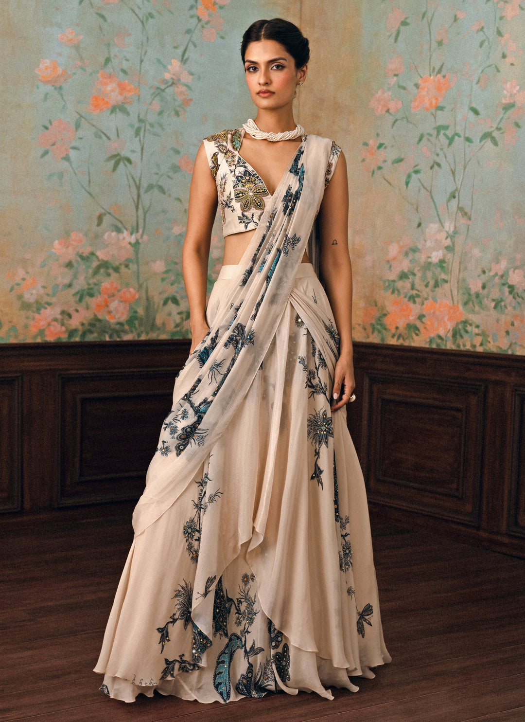 Ivory And Blue Printed Chiffon Pre-Draped Saree