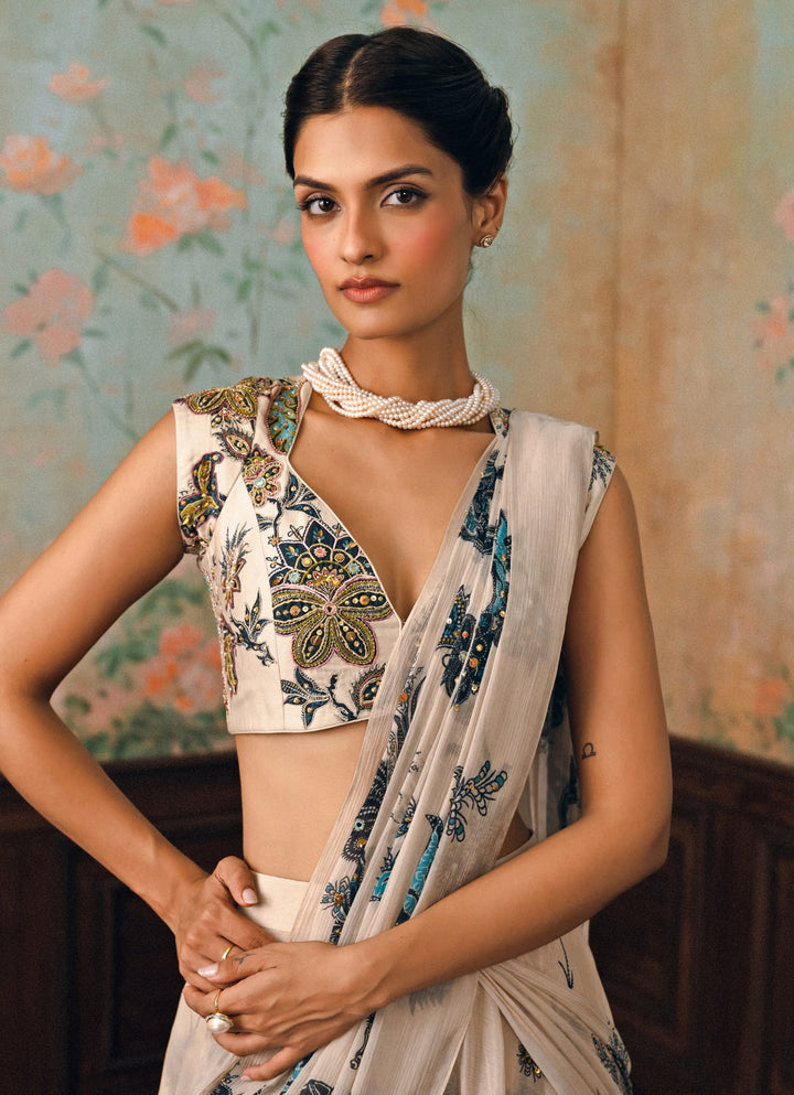 Ivory And Blue Printed Chiffon Pre-Draped Saree