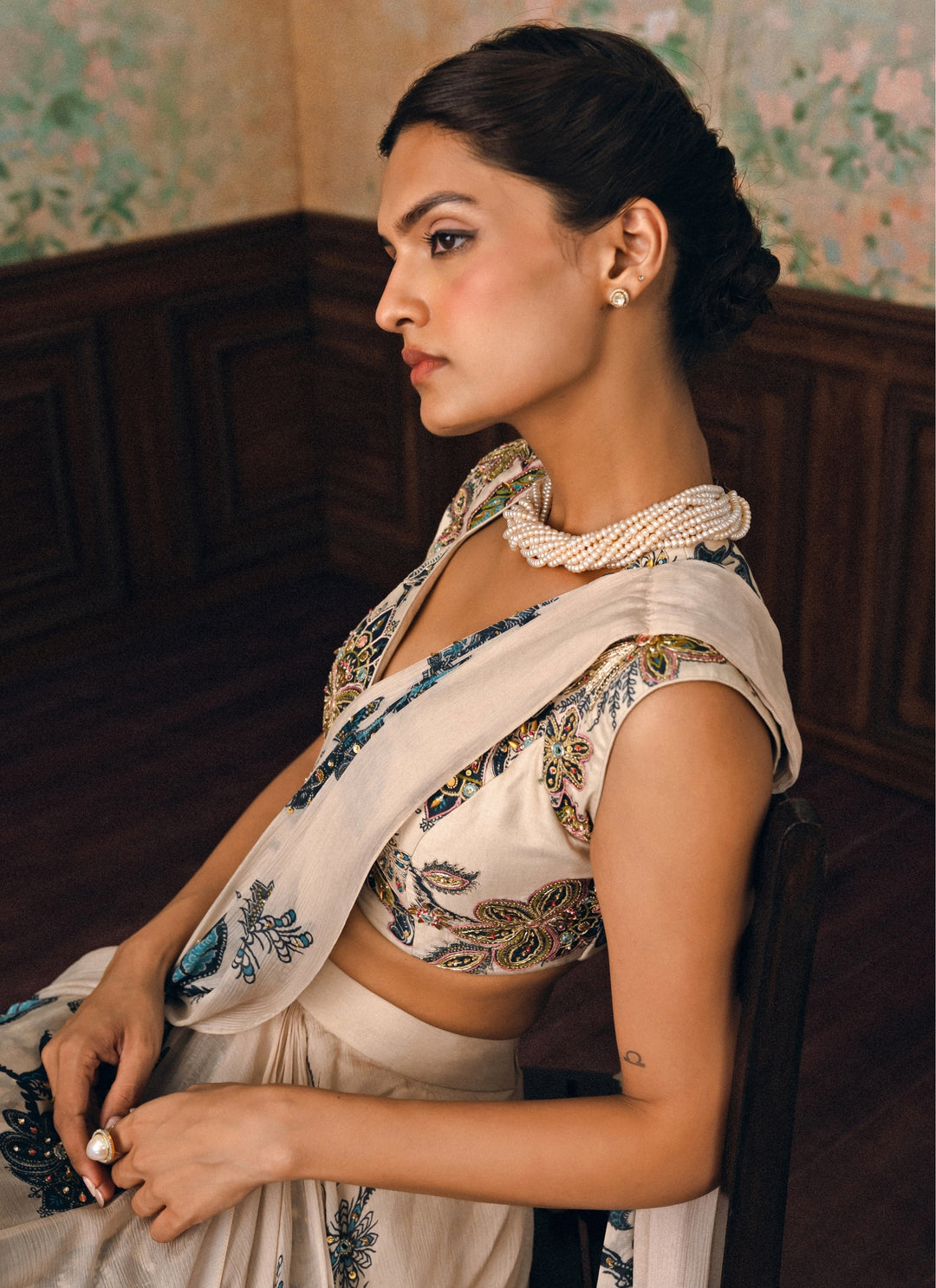 Ivory And Blue Printed Chiffon Pre-Draped Saree