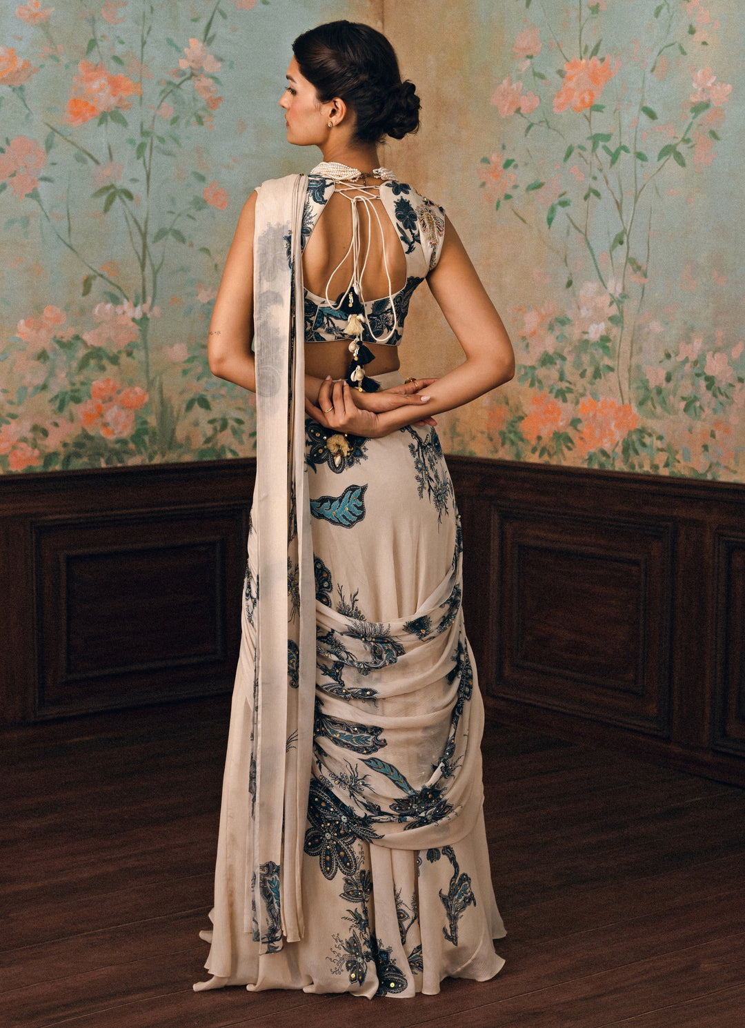 Ivory And Blue Printed Chiffon Pre-Draped Saree