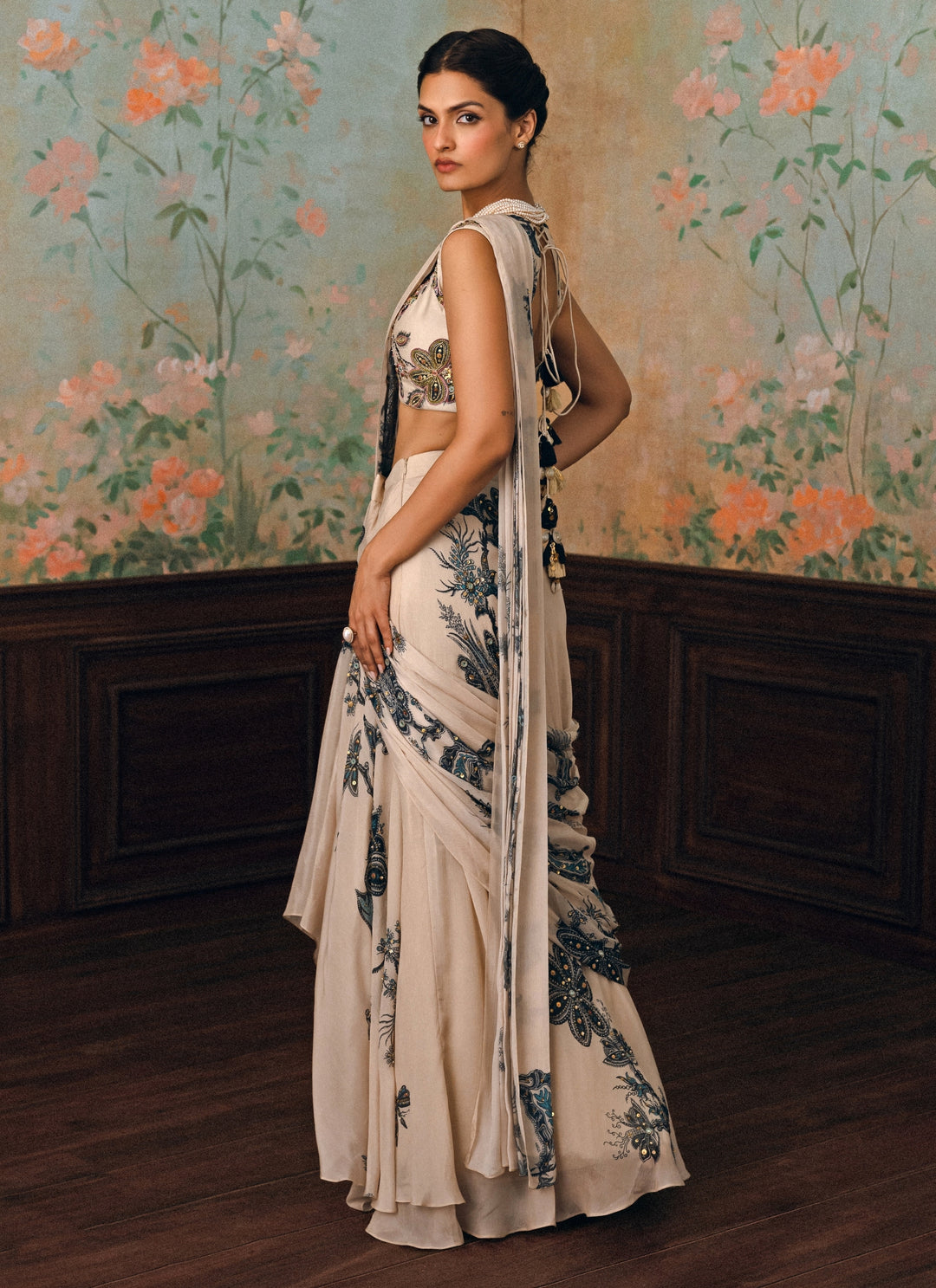 Ivory And Blue Printed Chiffon Pre-Draped Saree