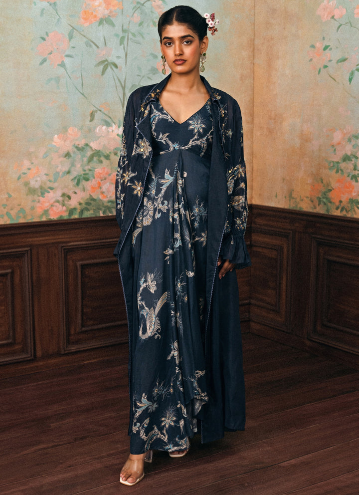 Blue Printed Silk Maxi Dress With Jacket
