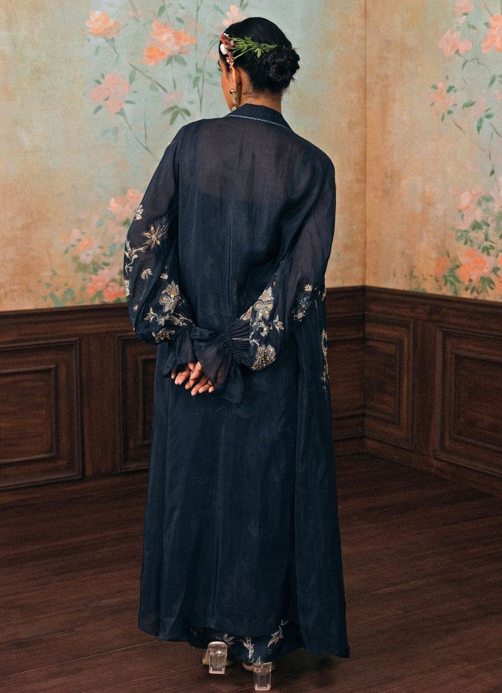 Blue Printed Silk Maxi Dress With Jacket