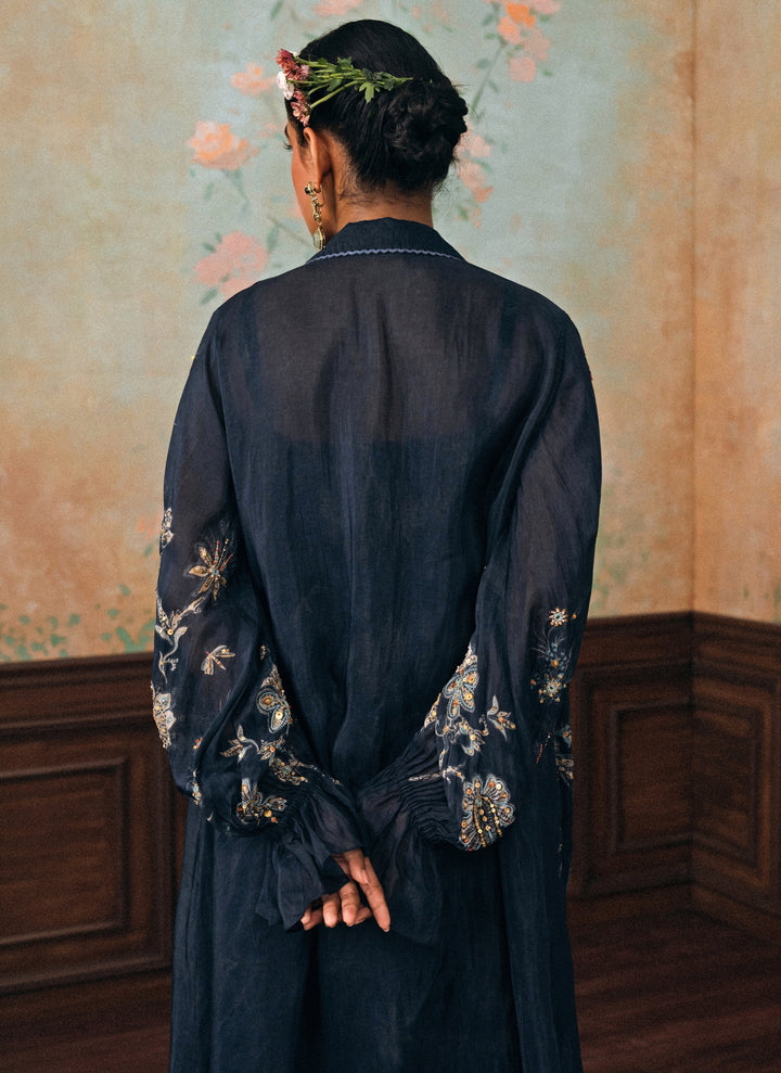 Blue Printed Silk Maxi Dress With Jacket