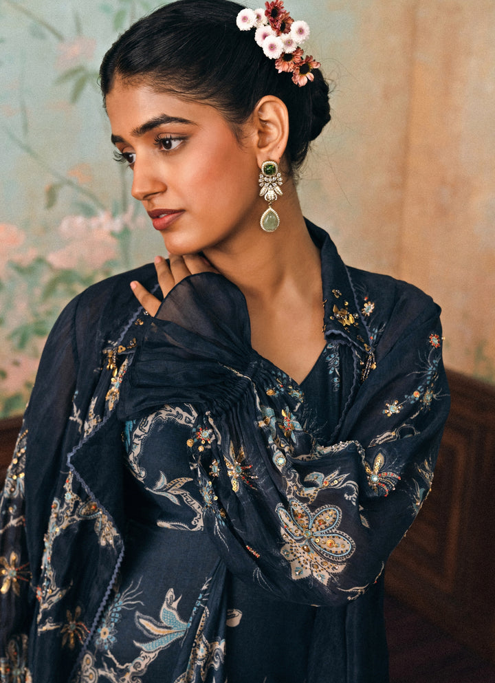 Blue Printed Silk Maxi Dress With Jacket