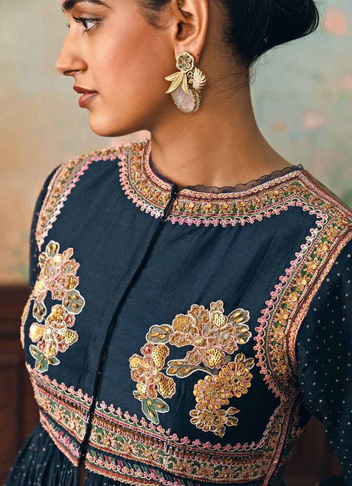 Blue Printed Crush Peplum Kurta Palazzo Set