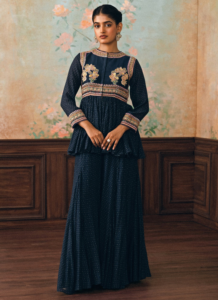 Blue Printed Crush Peplum Kurta Palazzo Set