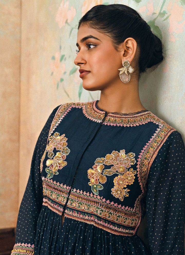 Blue Printed Crush Peplum Kurta Palazzo Set
