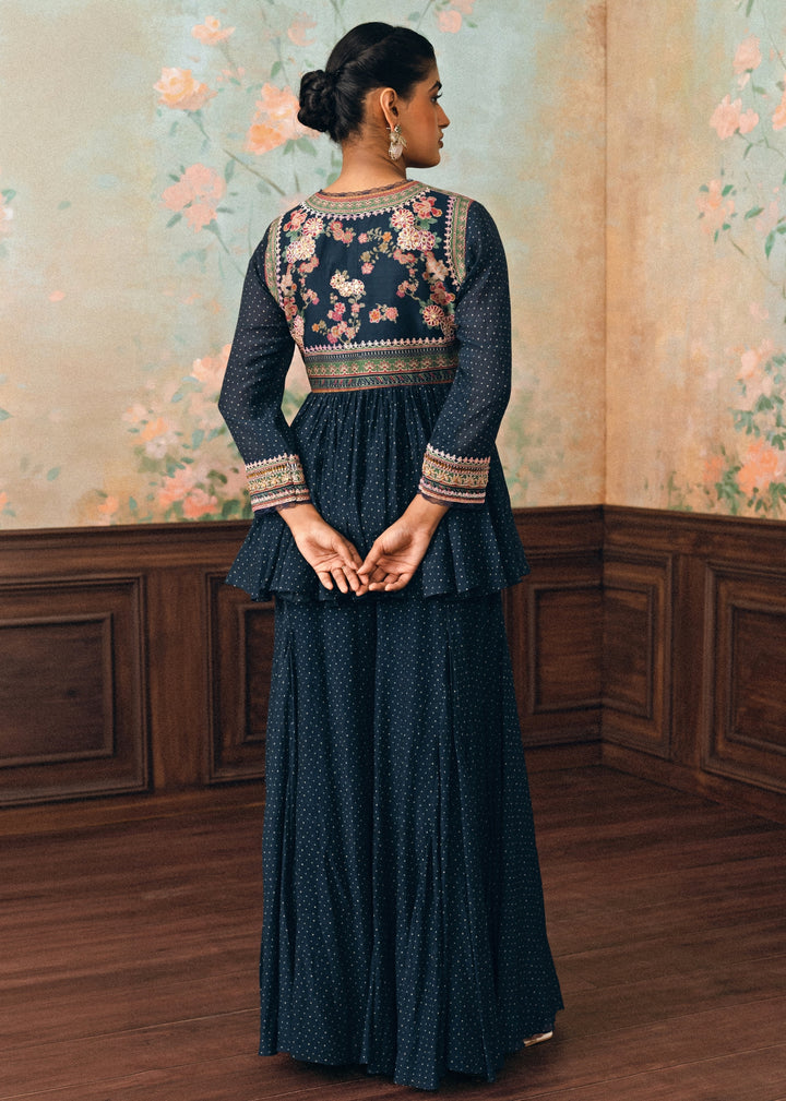 Blue Printed Crush Peplum Kurta Palazzo Set